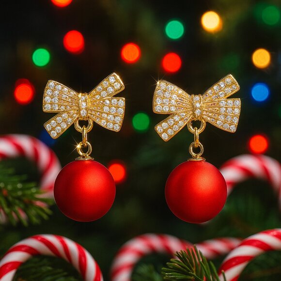 ๐๏ธHoliday Red Ornament Bow Tie Earrings Sparkling Zircon Festive Jewelry Gift - Picture 11 of 16